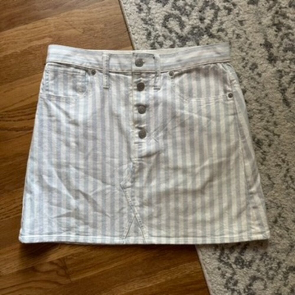 MADEWELL Stretch A-Line Miniskirt in Pomano Stripe 28/6 | blue white denim skirt